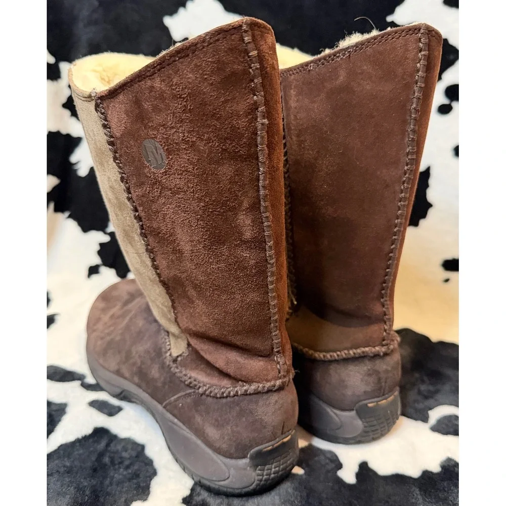 Merrell Womens Brown Suede Mid Calf Winter Boots Faux Fur Lined Air Cushion Sole